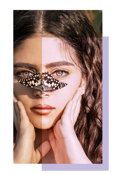 Photo de jeune femme se tenant le visage avec un papillon au bout de son nez.