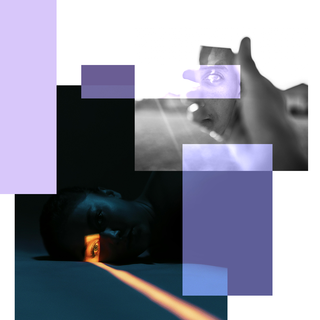 EMDR : plusieurs photos d'œil reflétant l'oeil lui même, via un morceau de miroir brisé ou via une lumière focale