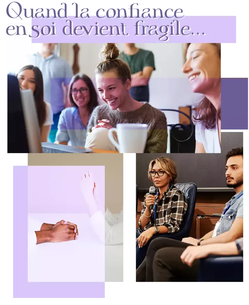 Confiance en soi - adulte : Pèle-mèle d'images d'adultes prenant confiance en eux au travail, dans la vie personnel, ou sur scène.